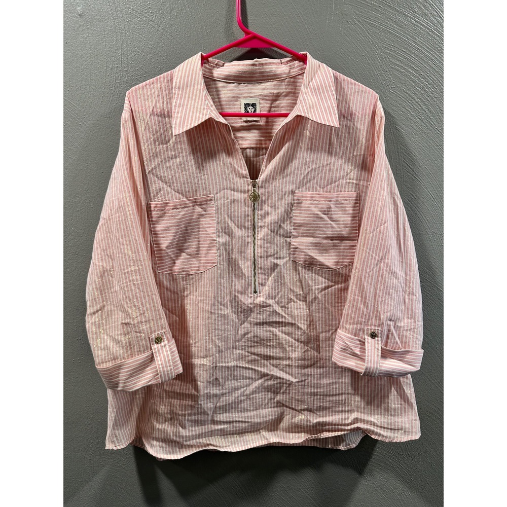 Anne Klein Pink White Striped Gold Metallic Zip Popover Blouse Roll Tab Sleeve